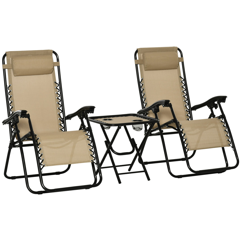 DodiOnline 3pcs Folding Zero Gravity Chairs Sun Lounger Table Set w/ Cup Holders Reclining Garden Yard Pool, Beige
