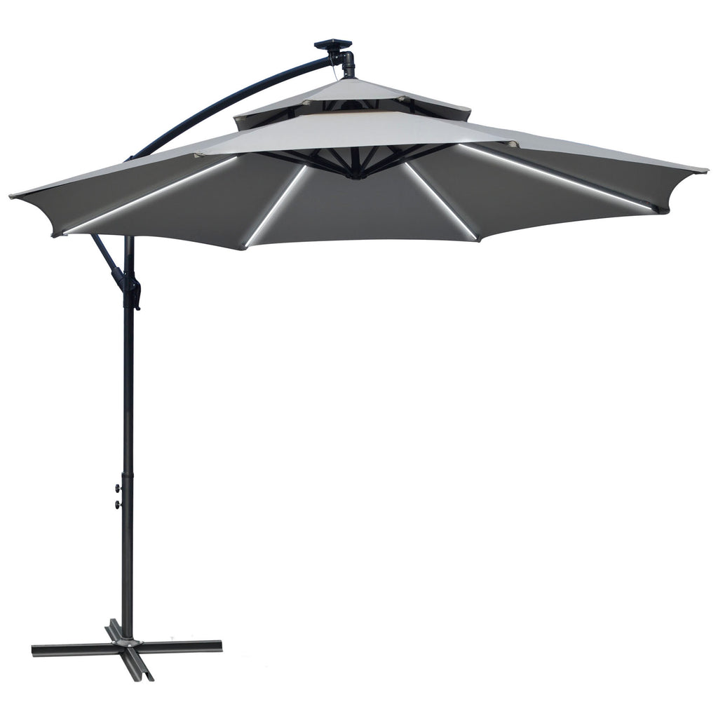 DodiOnline 3(m) Cantilever Banana Parasol Hanging Umbrella with Double Roof, LED Solar lights, Crank, 8 Sturdy Ribs and Cross Base for Outdoor, Garden, Patio, Light Grey