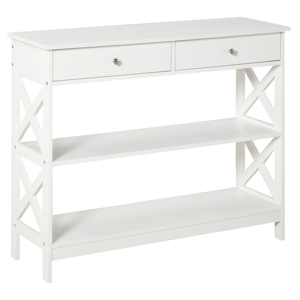 DodiOnline Console Table Side Desk w/ Shelves Drawers Open Top X Support Frame Living Room Hallway Home Office Furniture White