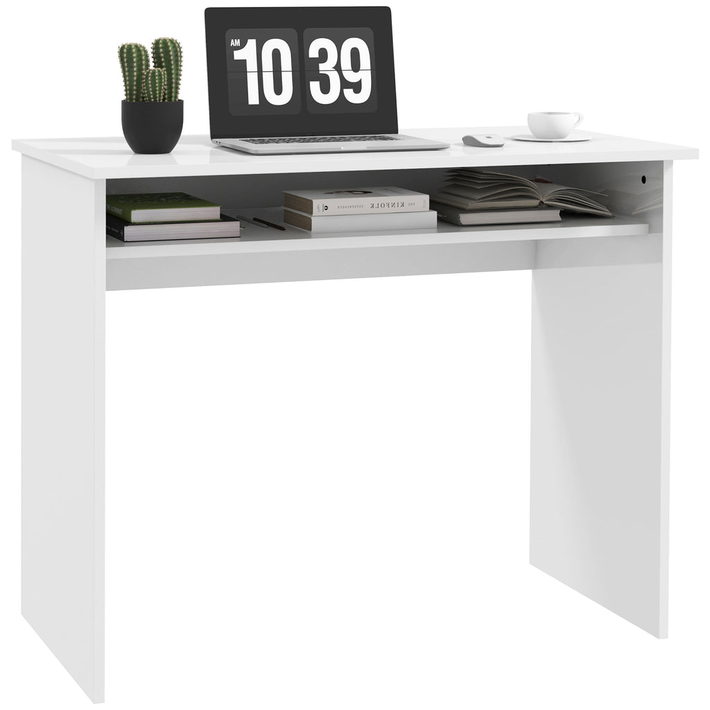 DodiOnline 90 x 50cm Computer Table, Modern Home Office Desk, Small Writing Desk with Storage Shelf, High Gloss White