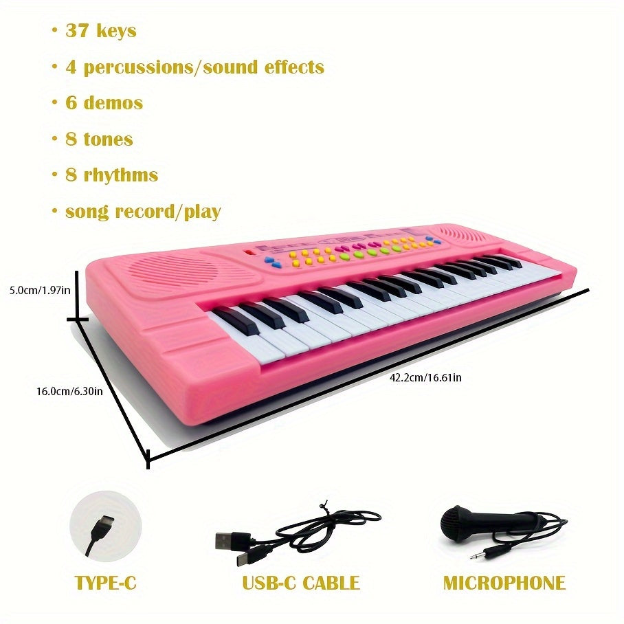 37-Key Portable Multifunctional Electronic Piano Keyboard - Pianos & Keyboards with Microphone, USB-C Cable, Tone and Rhythm Adjustment, Recording and Replaying Function, Ideal for Teaching, Birthday Gifts and Home Entertainm