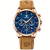 Men's Stylish Rose Golden Quartz Watch with Blue Dial, Waterproof, Genuine Leather Strap & Stainless Steel Case - Multifunctional Chronograph with Calendar Feature, Perfect for Casual Wear, Everyday Timepiece | Stylish Leathe