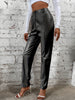 Elegant Women's Faux Leather Pants - High Waist, Comfort Stretch, Button Detail, Perfect for Fall/Winter