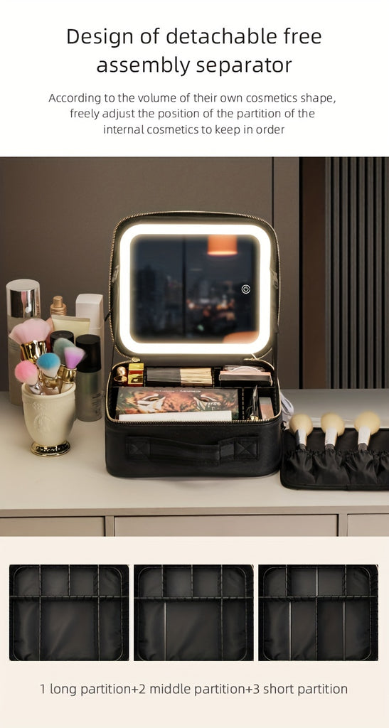 Elegant USB Rechargeable Makeup Bag for Women: Waterproof with LED Mirror, Adjustable Dividers - Ultimate Beauty Organizer