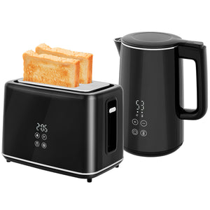 DodiOnline Kettle and Toaster Set, 1.5L 3000W Fast Boil Kettle with Insulation & 2 Slice Toaster Kitchen Set with 7 Level Browning Controls, Defrost, Reheat and Crumb Tray, Black