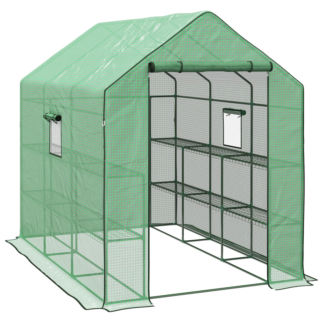DodiOnline Walk-in Greenhouse with 3 Tier 12 Shelves, Small Greenhouse with Reinforced PE Cover, Garden Plant Growhouse with Roll-up Door and Three Mesh Windows, 140 x 213 x 190 cm, Green