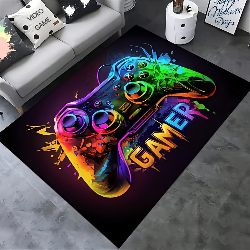 [Crystal Fleece, 930g/m², Non-Slip, Low Pile]Rectangular Gaming Carpet with Controller Design - Suitable for Game Room, Electronic Gaming Room, Bedroom, Living Room, and More. Cyberpunk Style Interior Carpet, Perfect Gift fo