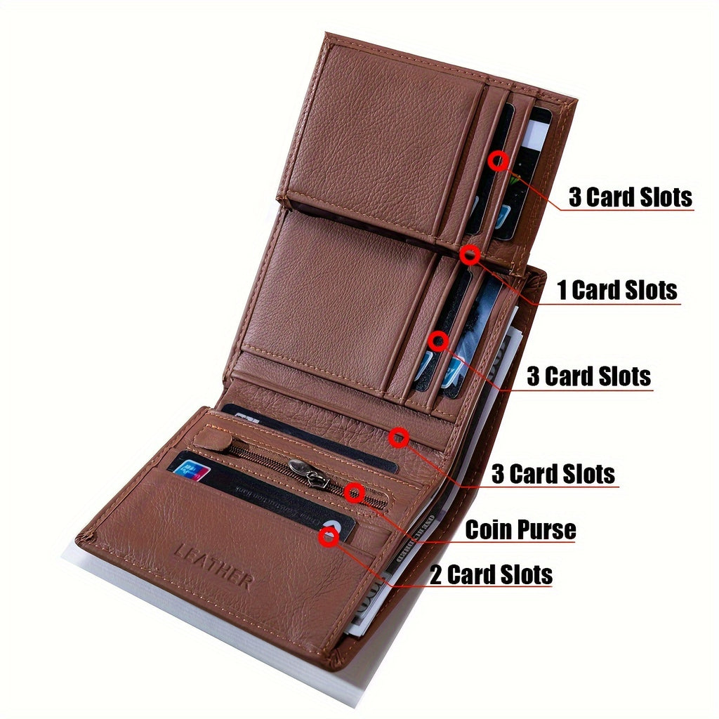 1pc Men's Genuine Leather Wallet, Retro Thin Vertical Short ID Credit Card Holder