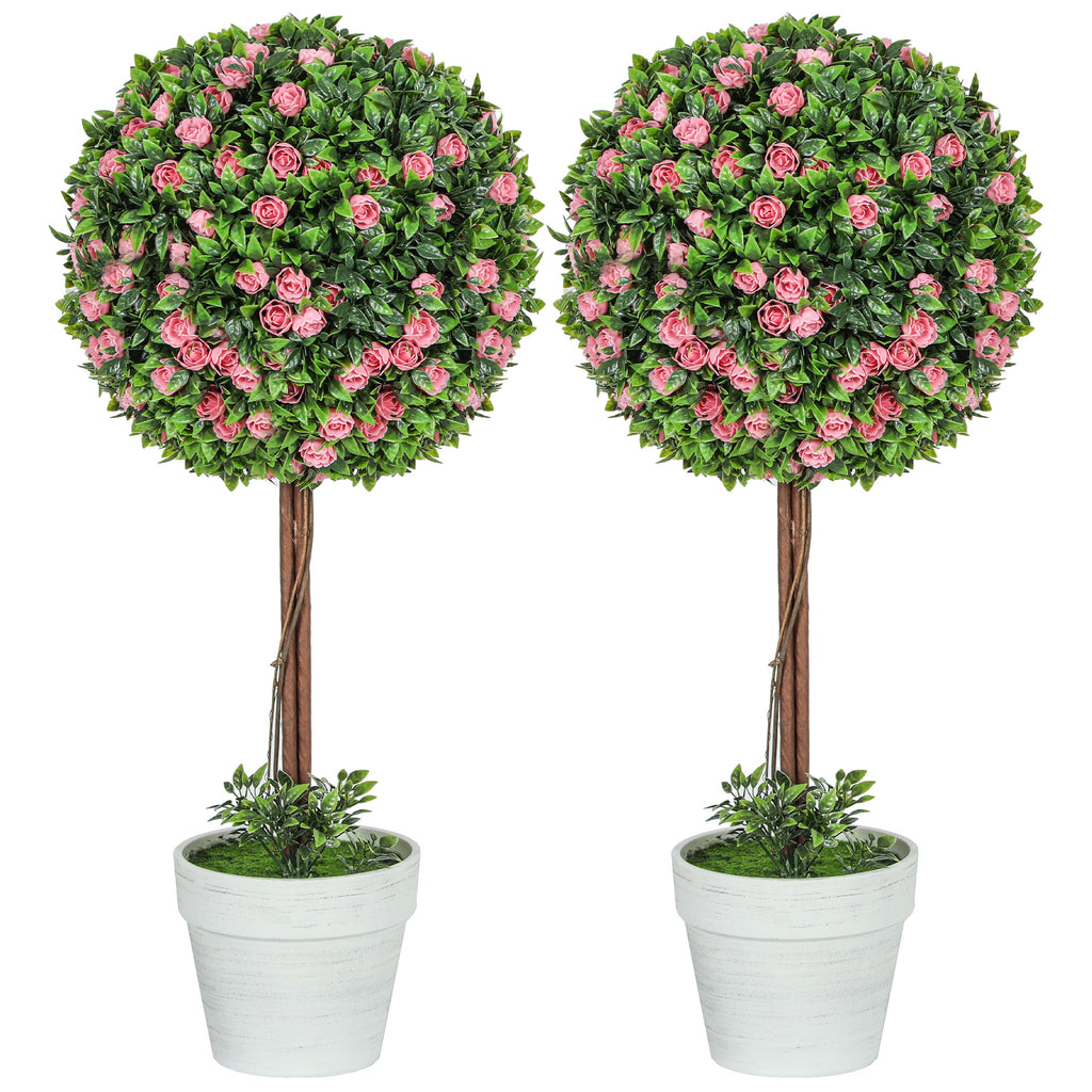 DodiOnline Set of 2 Decorative Artificial Plants, Ball Topiary Tree with Rose Flower in Pot, Fake Plants for Home Indoor Outdoor Decor, 60cm, Pink