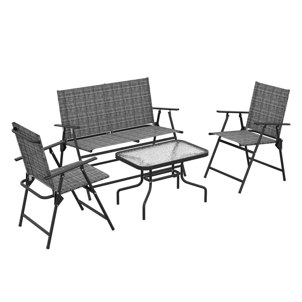DodiOnline Outdoor 4 Pieces Patio Furniture Set with Breathable Mesh Fabric Seat & Backrest, Garden Set with Two Foldable Armchairs, a Loveseat & Glass Top Table, Mixed Grey