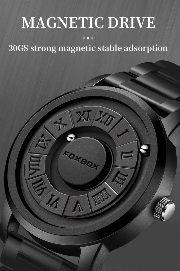 FOXBOX Fashionable Men's Watch, Cool Dial Display Design Waterproof Rotating Magnetic Bead Watch, Family Party Gift, Black And Grey Leather Belt