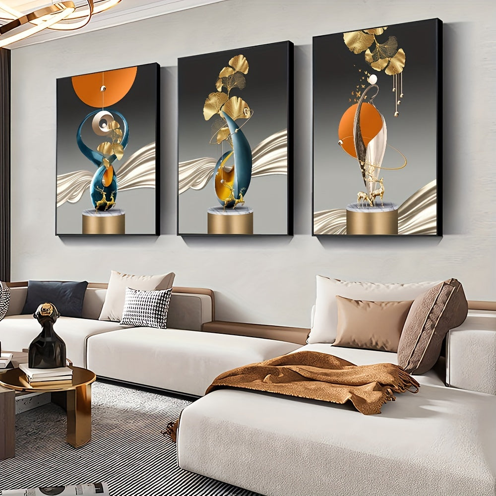 3pcs Geometry Art Canvas Print Posters, Golden Deer Ginkgo Leaf Canvas Wall Art Paintings, Artwork Wall Painting For Living Room Bedroom Bathroom Office Hallway Kitchen Wall Decors, No Frames