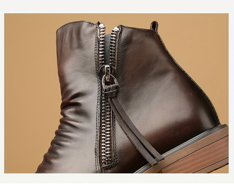 Men's Casual Leather High-top Boots: Stylish, Durable & Non-slip; All-season Wear with Comfortable Zip Closure