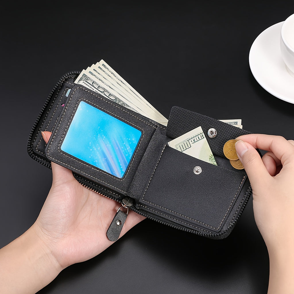 1pc Men's Zippered Short Wallet, Multi-card Holder, PU Leather Folding Wallet