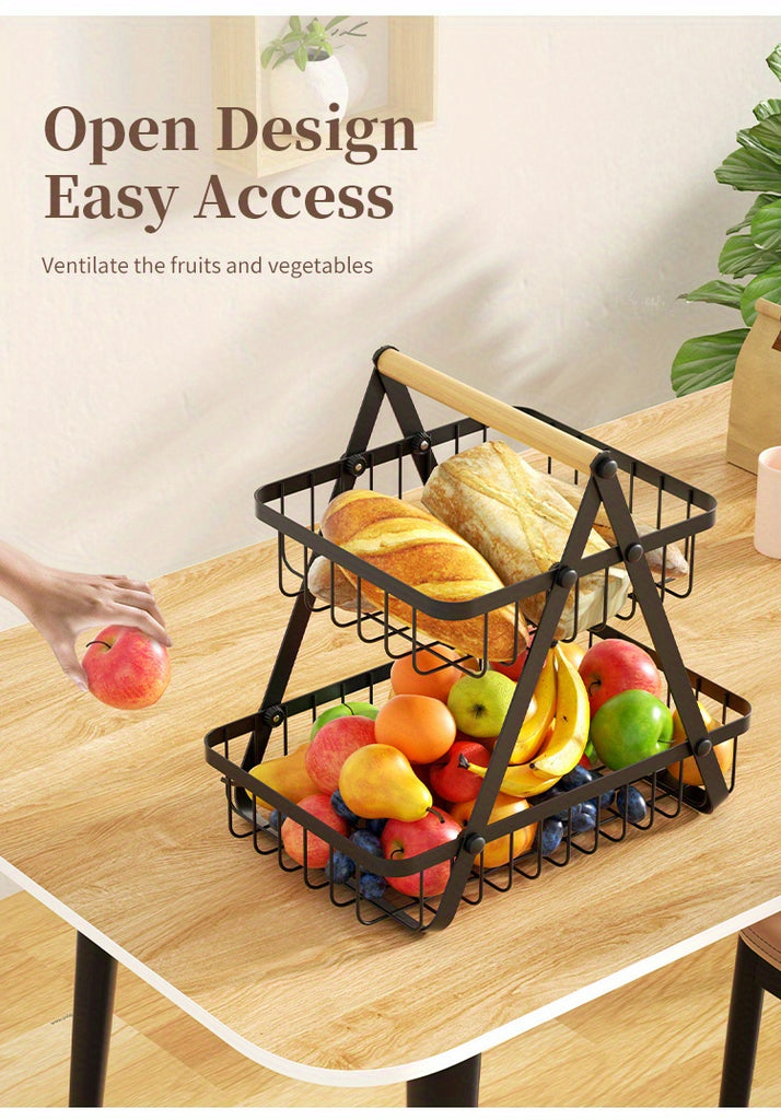 1pc 2/3 Tier Detachable Metal Wire Bathroom Storage Basket with Wooden Handle