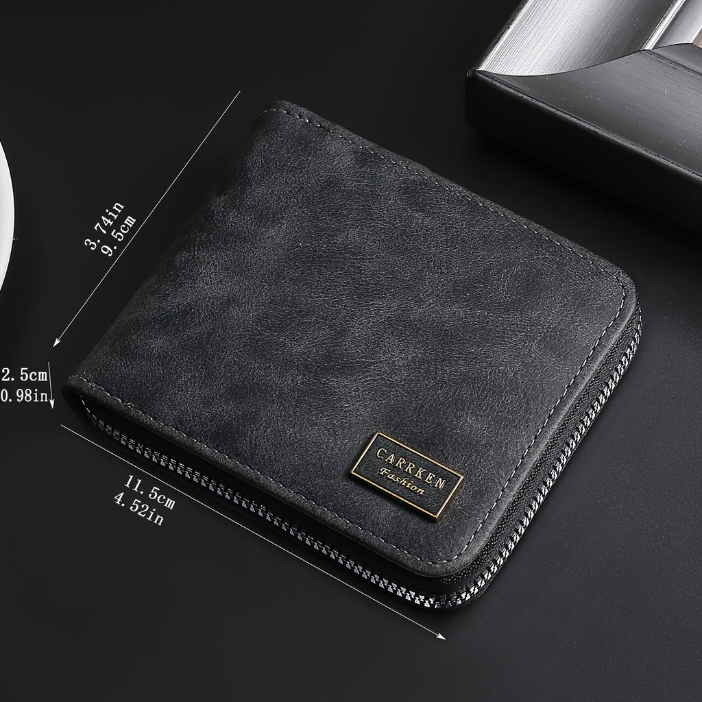 1pc Men's Zippered Short Wallet, Multi-card Holder, PU Leather Folding Wallet