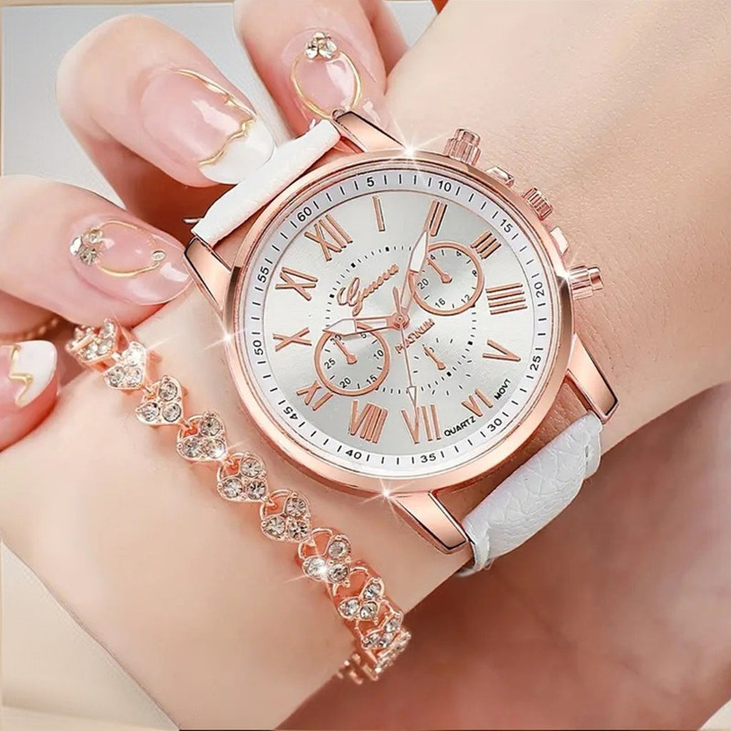 2pcs/set Stylish Women's Quartz Watch with Rhinestone Bracelet - Perfect Gift for Mom and Her Benefits: - Stylish design - Accurate quartz movement - Durable PU leather strap - Sparkling rhinestone bracelet - Ideal gift for a