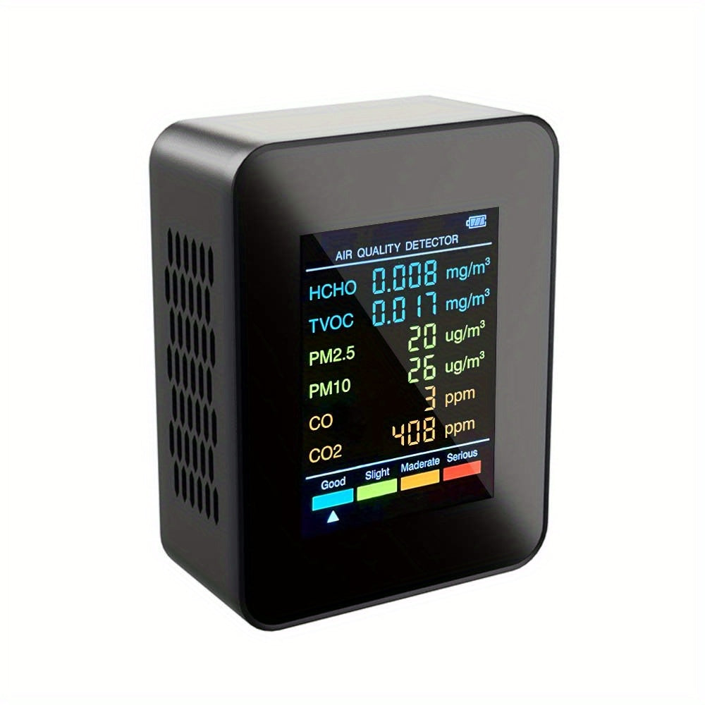 6-in-1 Multi-Function Air Quality Monitor - Detects CO2, PM2.5, PM10, TVOC & HCHO - Advanced Formaldehyde Sensor with Clear LCD Display - Ideal for Home & Office Air Health Monitoring