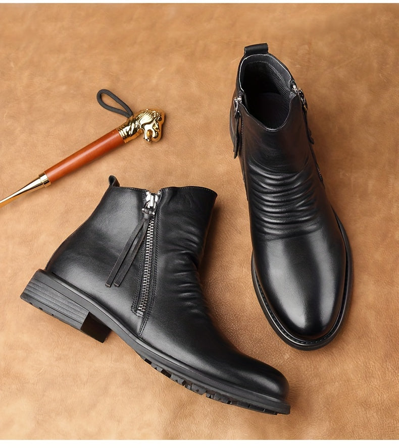 Men's Casual Leather High-top Boots: Stylish, Durable & Non-slip; All-season Wear with Comfortable Zip Closure