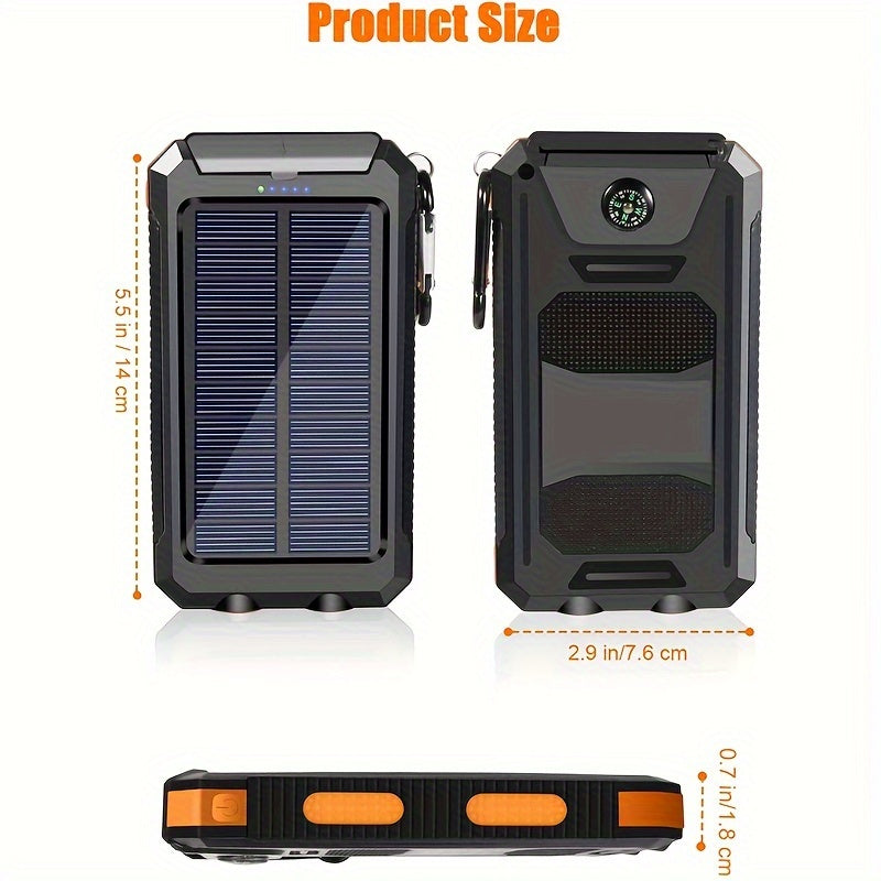 10000mAh portable solar cell phone battery panel charger with flashlight lighting/USB/ compass, suitable for iPhone/ Android mobile phone digital electronic devices, gift customization, outdoor emergency power backup battery