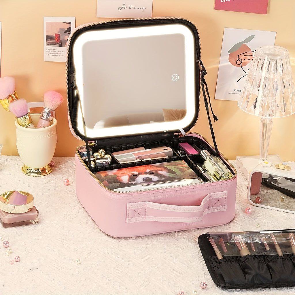 Elegant USB Rechargeable Makeup Bag for Women: Waterproof with LED Mirror, Adjustable Dividers - Ultimate Beauty Organizer