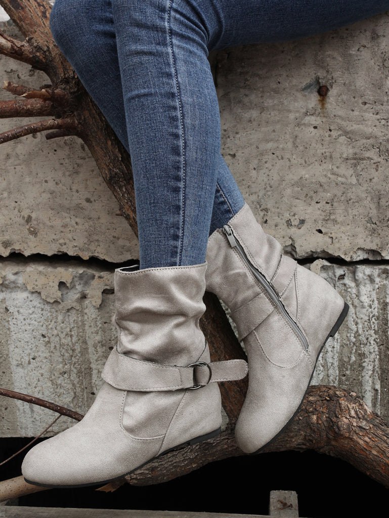 Womens Classic Solid Color Ankle Boots with Round-Toe Design - Fashion Buckle Belt & Side Zipper Closure - Ultra-Comfortable Outdoor Shoes for Stylish Adventures
