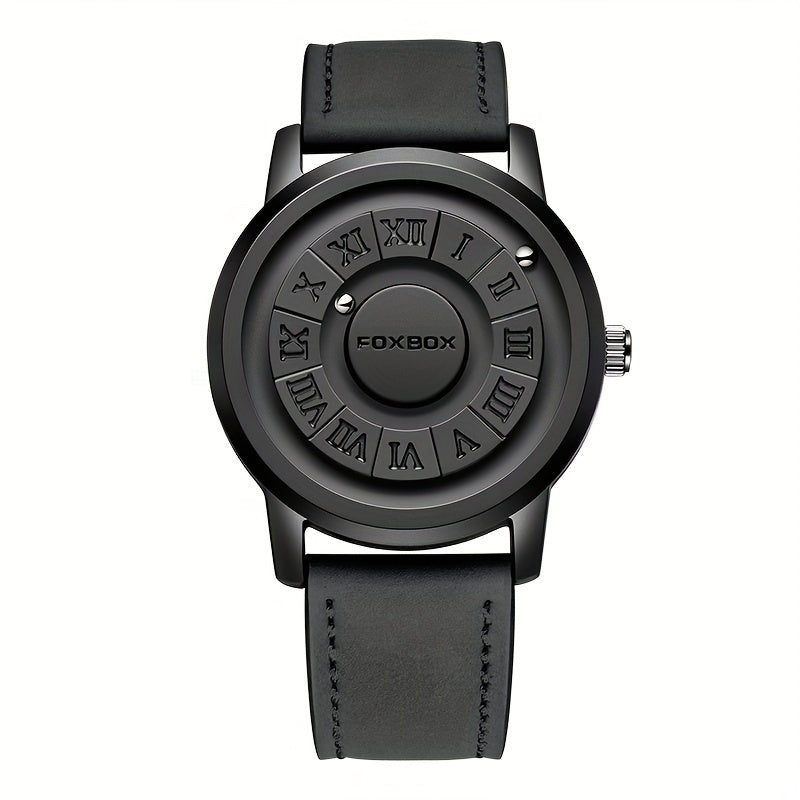 Mens Fashion Watch - Eye-Catching Cool Dial with Waterproof Rotating Magnetic Bead - Durable PU Leather Strap - Stylish Design for Fashion-Forward Gentlemen