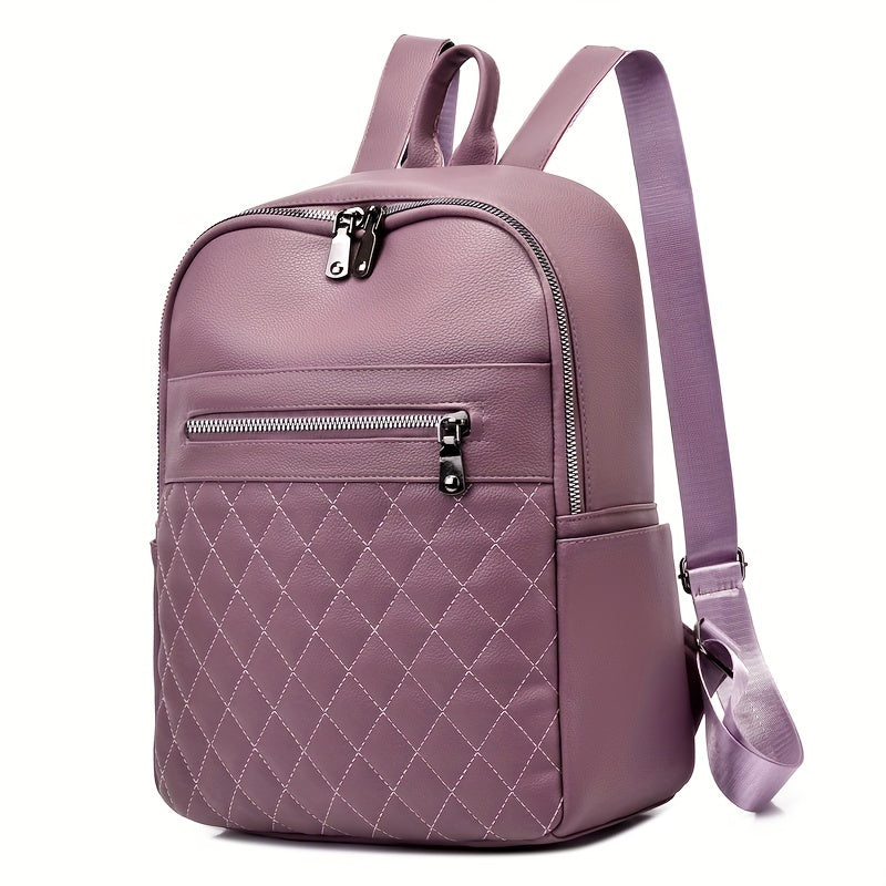 Fashion Argyle Quilted Backpack, Minimalist PU Leather Daypack, Casual Schoolbag For Travel Work