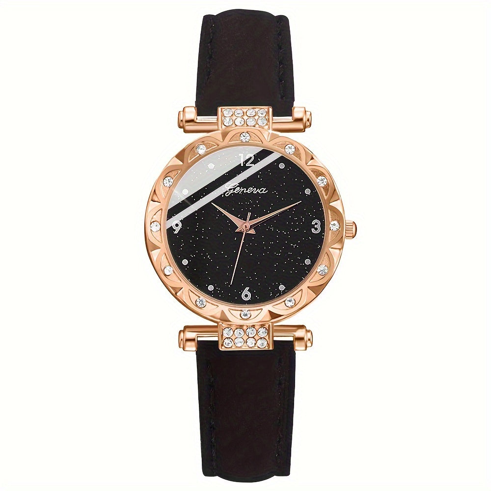 5pcs/set Women's Shiny Rhinestone Quartz Watch Analog PU Leather Wrist Watch & Jewelry Set, Gift For Mom Her