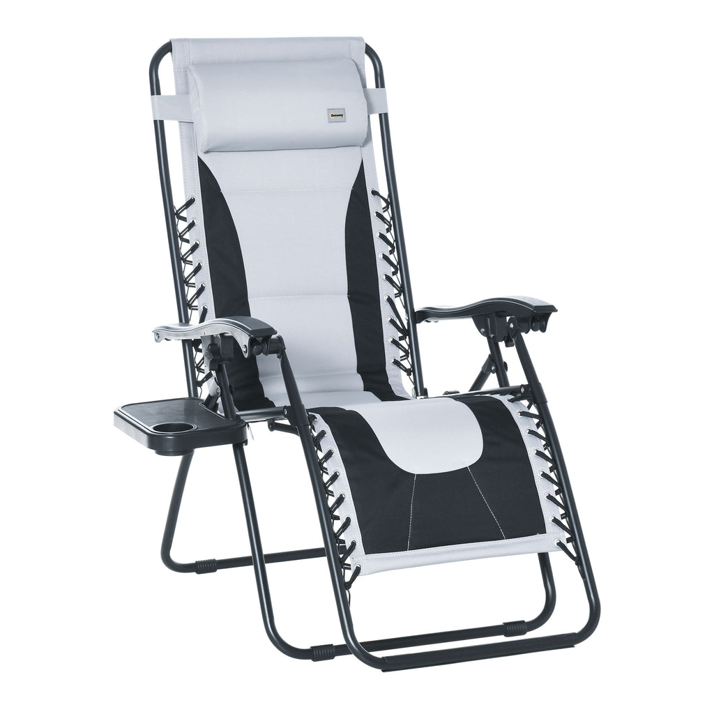 DodiOnline Foldable Reclining Garden Chair, Zero Gravity Chair with Padded Seat, Cup Holder, Adjustable Backrest, Pillow for Outdoor, Patio, Deck, Light Grey