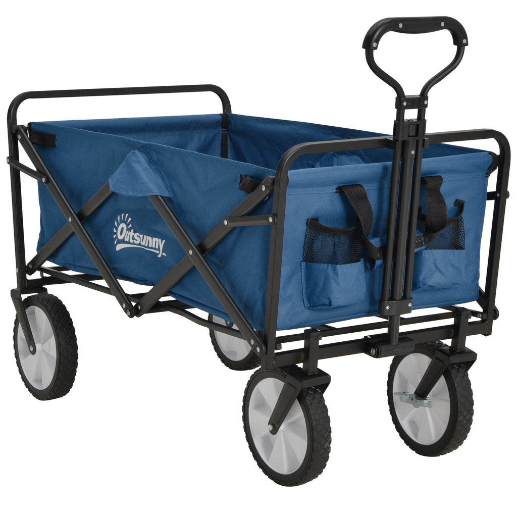 DodiOnline 90L Folding Garden Trolley Cart Pull Along Wagon with Telescopic Handle for Beach Camping Festival - Navy Blue