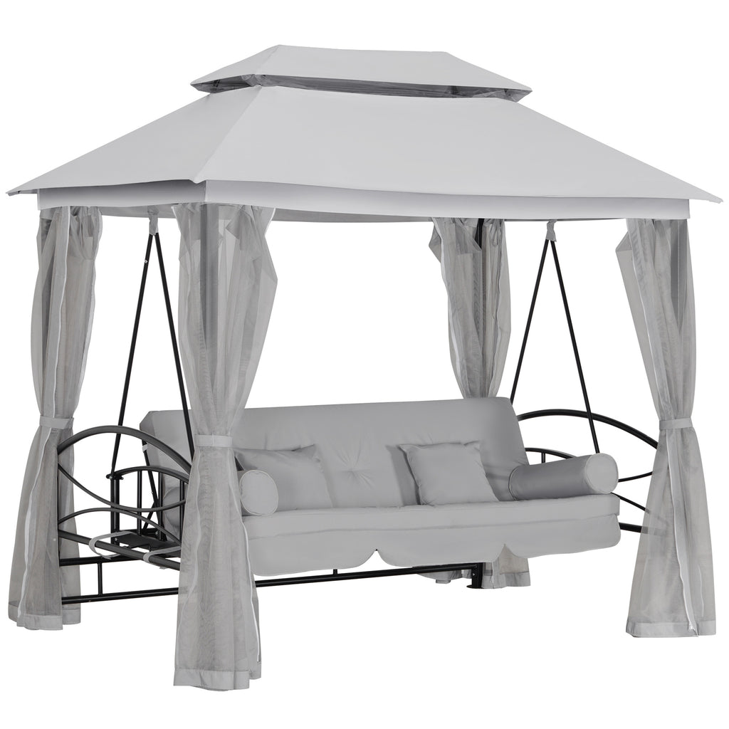 DodiOnline 3 Seater Convertible Swing Chair, Outdoor Gazebo Swing Seat Bed with Double Tier Canopy, Cushioned Seat, Mesh Sidewalls, Light Grey