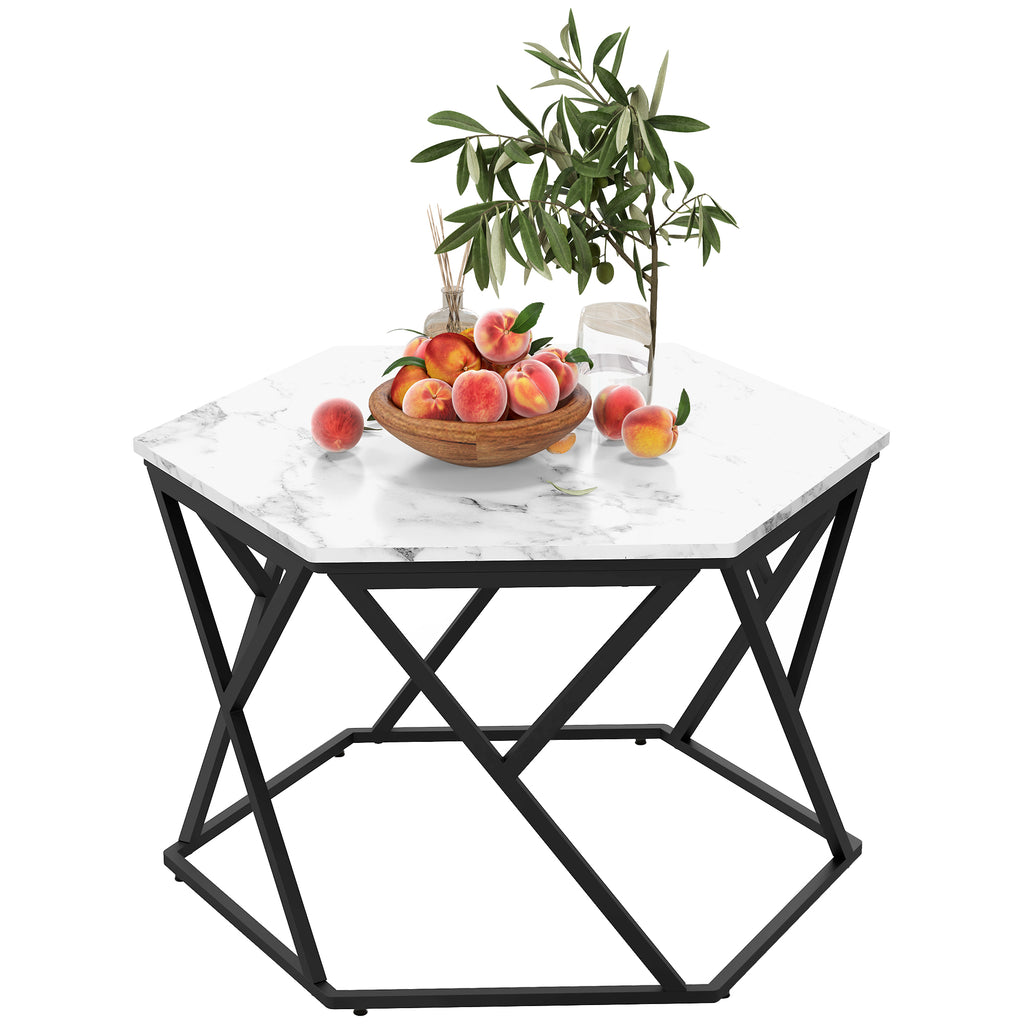DodiOnline Hexagonal Coffee Table with High Gloss Marble Effect Table Top, Modern Cocktail Table with Steel Frame for Living Room, White