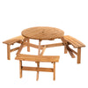 DodiOnline 6 Seater Wooden Picnic Table and Bench Set Round Patio Dining Set with 3 Benches and Umbrella Hole Outdoor Garden Park, Brownish Red