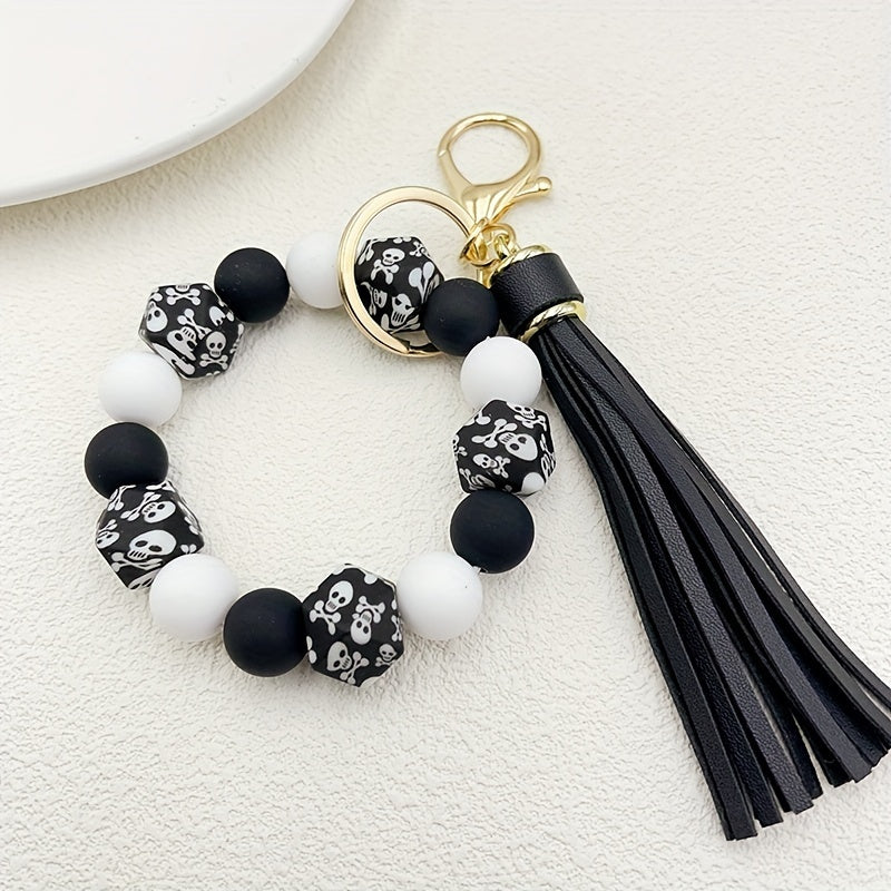 Silicone Beaded Wristlet Keychain With PU Leather Tassel Skull Flower Leopard Fashion Bag Charm Phone Lanyard Women daily use Gift