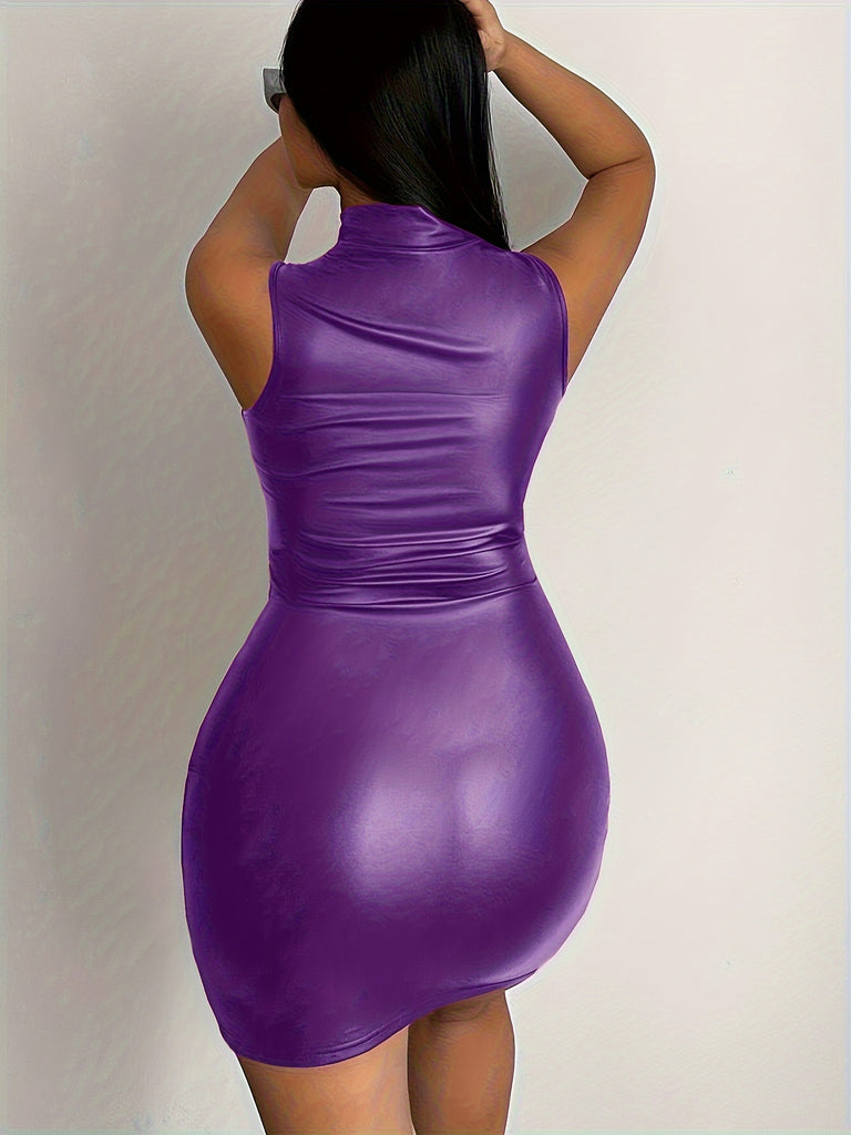 Faux Leather Bodycon Choker Neck Dress, Sexy Sleeveless Mini Dress For Club & Party, Women's Clothing