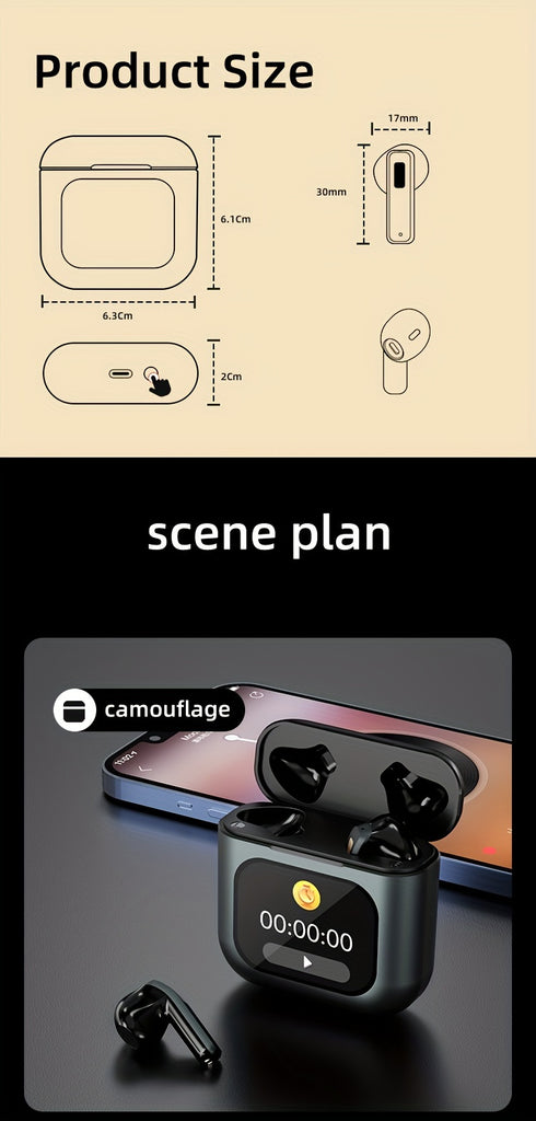 XHJ K1 Wireless earbuds with LCD touchscreen display, intelligent noise-canceling sleep-aiding headphones, 40 hours of long battery life, control music player, tiktok video playback, likes Audio Earphones Electronic Headset C