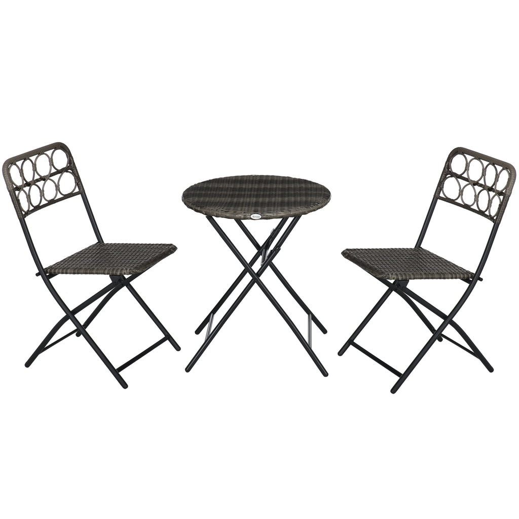 DodiOnline 3 Pieces Rattan Bistro Set, Wicker Folding Outdoor Furniture Set with Coffee Table and Chairs for Outdoor, Patio, Balcony, Grey