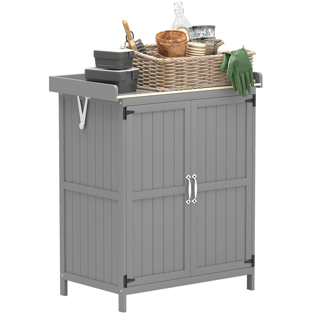 DodiOnline Wooden Garden Shed, Garden Tool Storage Shed with Hinged Roof and Shelf, Outdoor Storage Cabinet with Double Doors, Grey