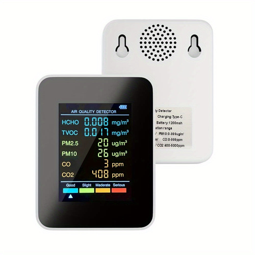 6-in-1 Multi-Function Air Quality Monitor - Detects CO2, PM2.5, PM10, TVOC & HCHO - Advanced Formaldehyde Sensor with Clear LCD Display - Ideal for Home & Office Air Health Monitoring