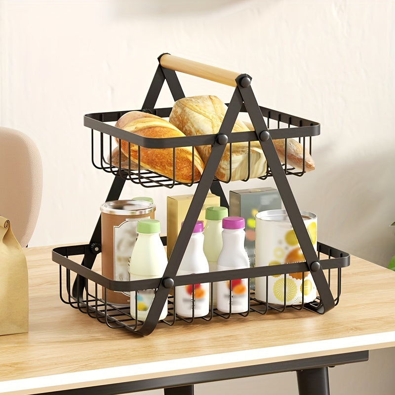 1pc 2/3 Tier Detachable Metal Wire Bathroom Storage Basket with Wooden Handle
