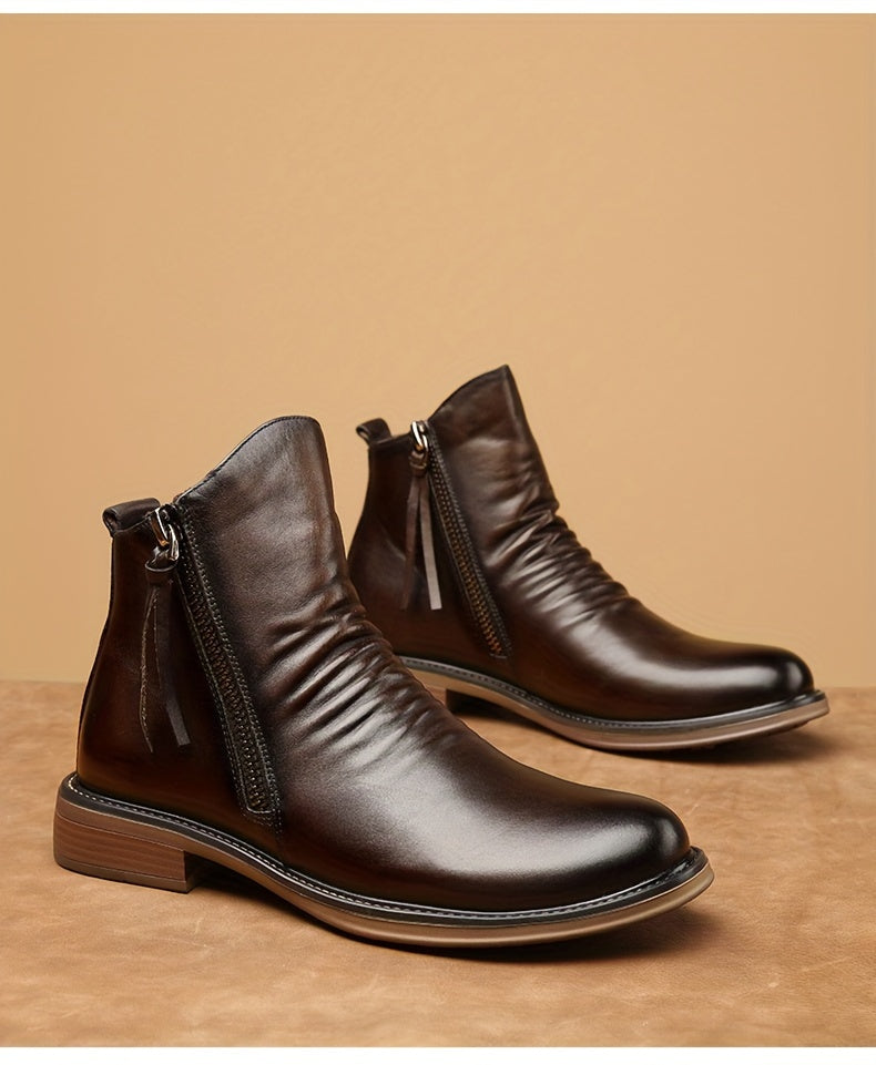 Men's Casual Leather High-top Boots: Stylish, Durable & Non-slip; All-season Wear with Comfortable Zip Closure