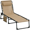 DodiOnline Portable Sun Lounger, Folding Camping Bed Cot, Reclining Lounge Chair 5-position Adjustable Backrest with Side Pocket, Pillow for Patio Garden Beach Pool, Beige