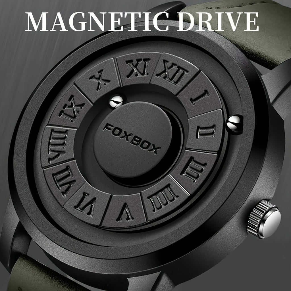 FOXBOX Men's Quartz Watch – Magnetic Dial | Digital Display | PU Leather Band | 30M Water-Resistant