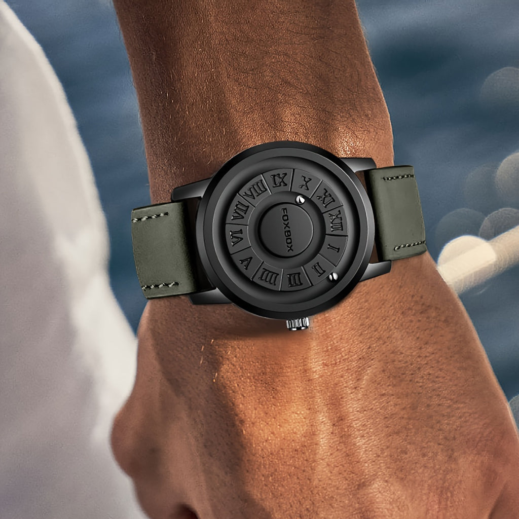 FOXBOX Men's Quartz Watch – Magnetic Dial | Digital Display | PU Leather Band | 30M Water-Resistant