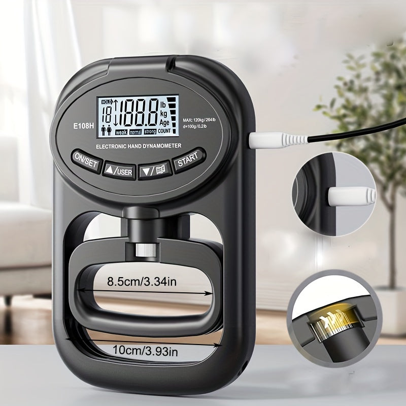 Electronic Hand Dynamometer, Grip Strength Tester, Black, with LED Display, Windproof, Rubberized, Battery/USB Powered, 265 lb/120 kg Max, with Assembly Required, for Office, Home Decor, Indoor & Outdoor Use