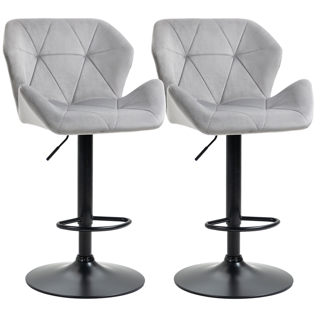 DodiOnline Bar Stools Set Of 2, Luxurious Velvet-Touch Barstools with Metal Frame Footrest Round Base Triangle Indenting Moulded Seat Adjustable Height Swivel Grey