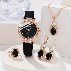 5pcs/set Women's Shiny Rhinestone Quartz Watch Analog PU Leather Wrist Watch & Jewelry Set, Gift For Mom Her