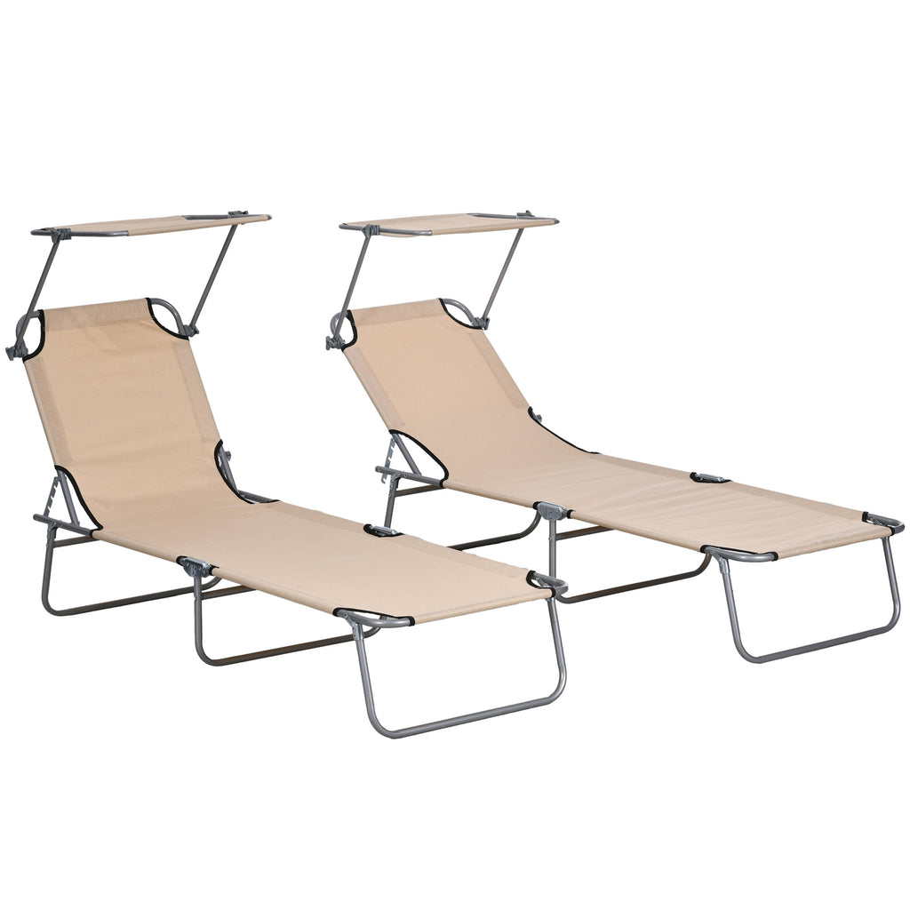 DodiOnline Outdoor Foldable Sun Lounger Set of 2, 4 Level Adjustable Backrest Reclining Sun Lounger Chair with Angle Adjust Sun Shade Awning for Beach, Garden, Patio, Sand
