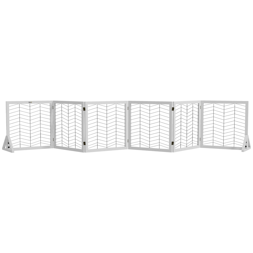 PawHut 6 Panels Pet Gate, Wooden Foldable Dog Barrier w/ Two Support Feet, for Small, Medium Dogs - White